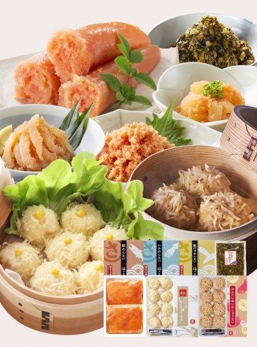 送料無料 萬坊&福さ屋 満足セット(萬坊いかしゅうまい1箱、萬坊めんたいいかしゅうまい1箱、無着色くずれめんたい600g、いか・鮭・数の子めんたい各1個、めんたい辛子たかな130g) 福さ屋 辛子明太子 明太子