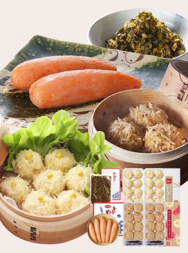 送料無料 萬坊&福さ屋 ご贈答セット(萬坊いかしゅうまい2箱、萬坊めんたいいかしゅうまい2箱、無着色辛子めんたい 270g、めんたい辛子たかな250g) 福さ屋 辛子明太子 明太子