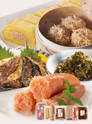 送料無料 博多名物満足詰め合わせ帰省土産セット(切子無着色辛子めんたい120g×2パック、めんたいだし巻き、博多ごまさば105g 、萬坊めんたいいかしゅうまい)めんたい辛子たかな130gプレゼント